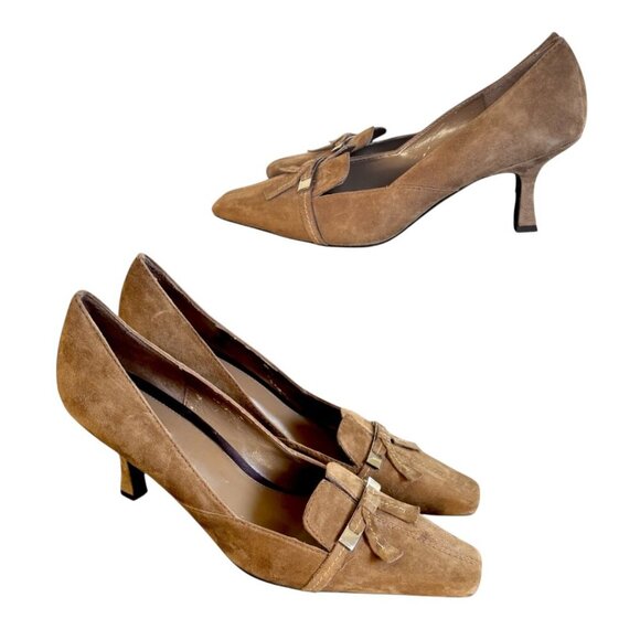 VINTAGE 90'S Y2K ETIENNE AIGNER BROWN‎ SUEDE BOW KITTEN HEELS PUMPS 9.5 - Picture 2 of 5